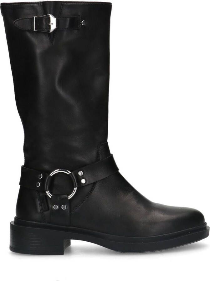 Manfield Dames Zwarte leren biker boots met zilverkleurige gesp