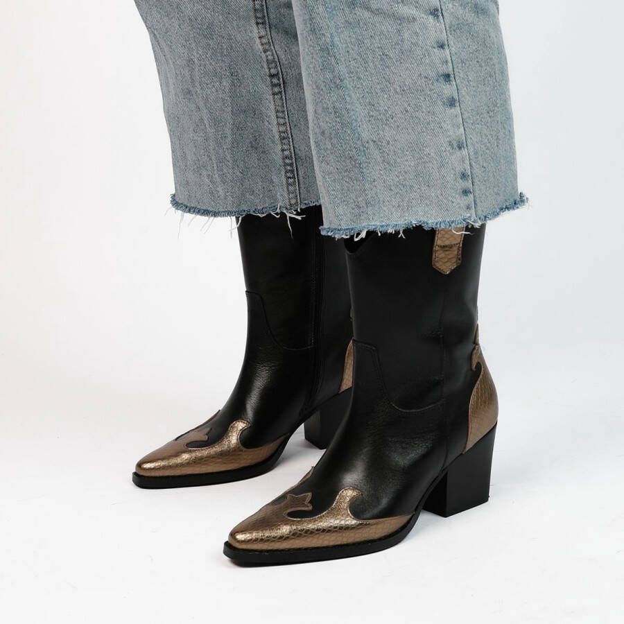 Manfield Dames Zwarte leren cowboy laarzen met goudkleurige details