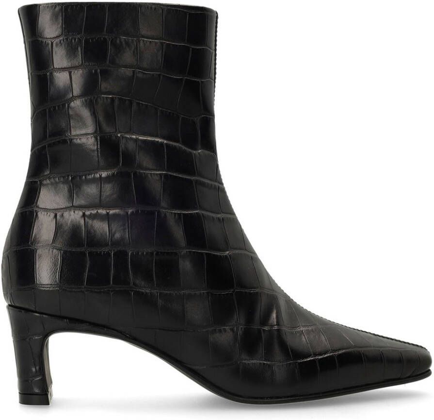 Manfield Dames Zwarte leren croco enkellaarsjes met hak