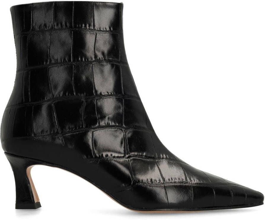 Manfield Dames Zwarte leren croco enkellaarsjes met hak