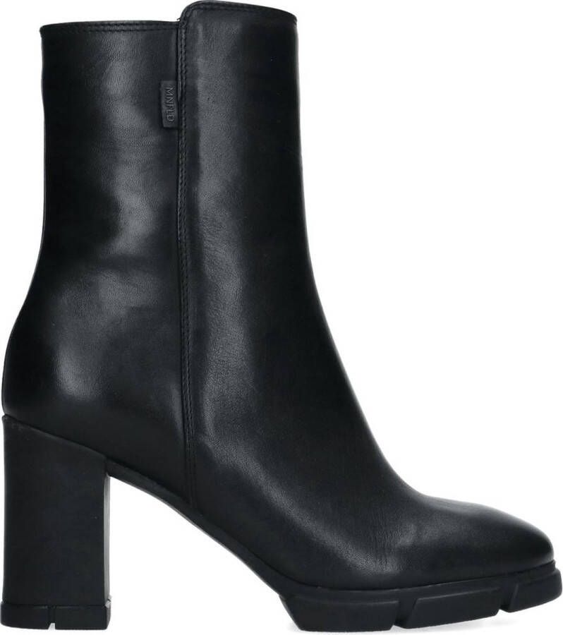 Manfield Dames Zwarte leren enkellaarsjes met blokhak - Schoenen.nl