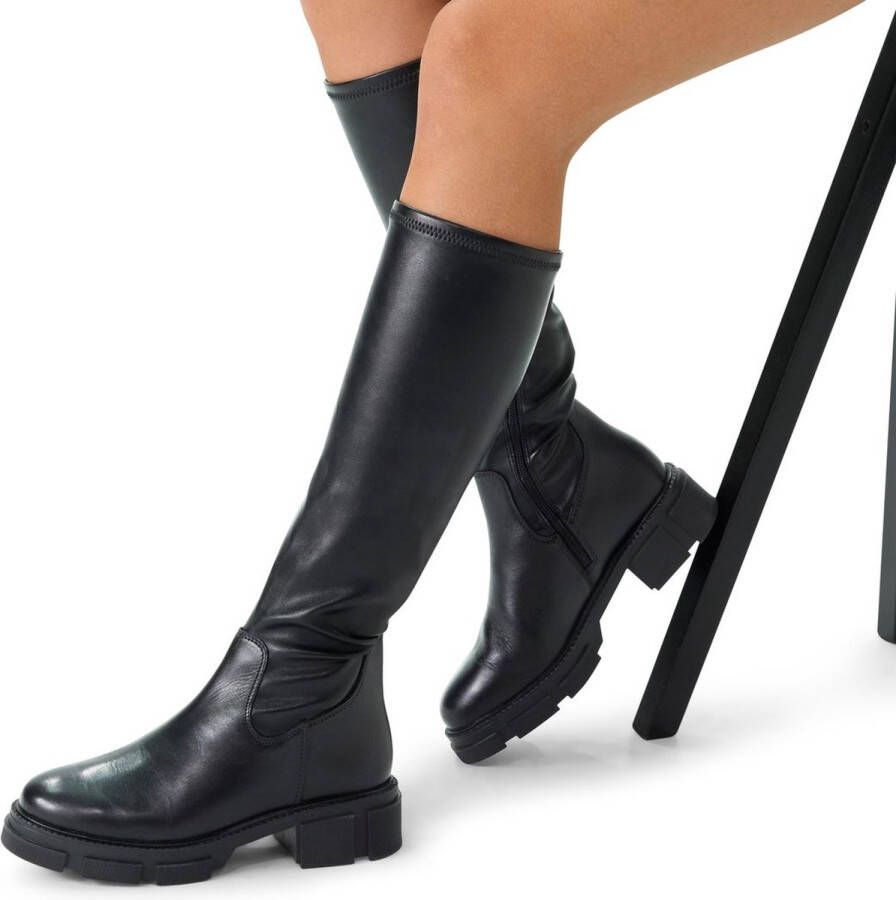 Manfield Dames Zwarte leren hoge laarzen met half stretch - Foto 2