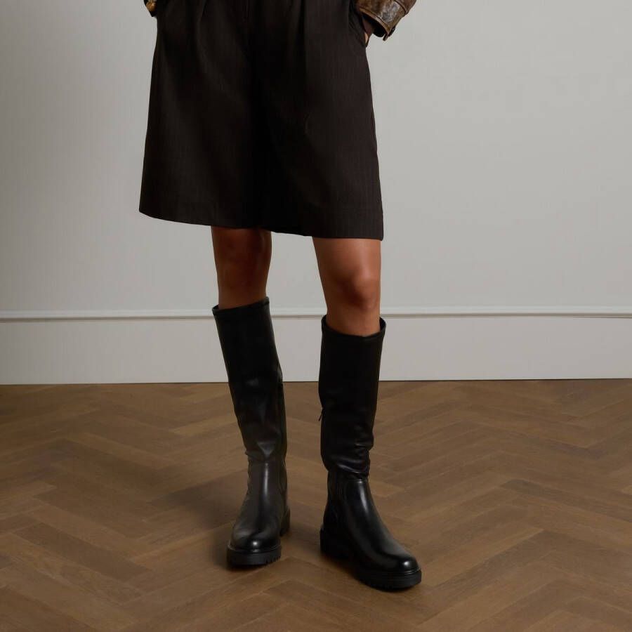 Manfield Dames Zwarte leren hoge laarzen met brede schacht