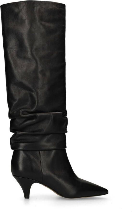 Manfield Dames Zwarte leren hoge laarzen met kittenheel