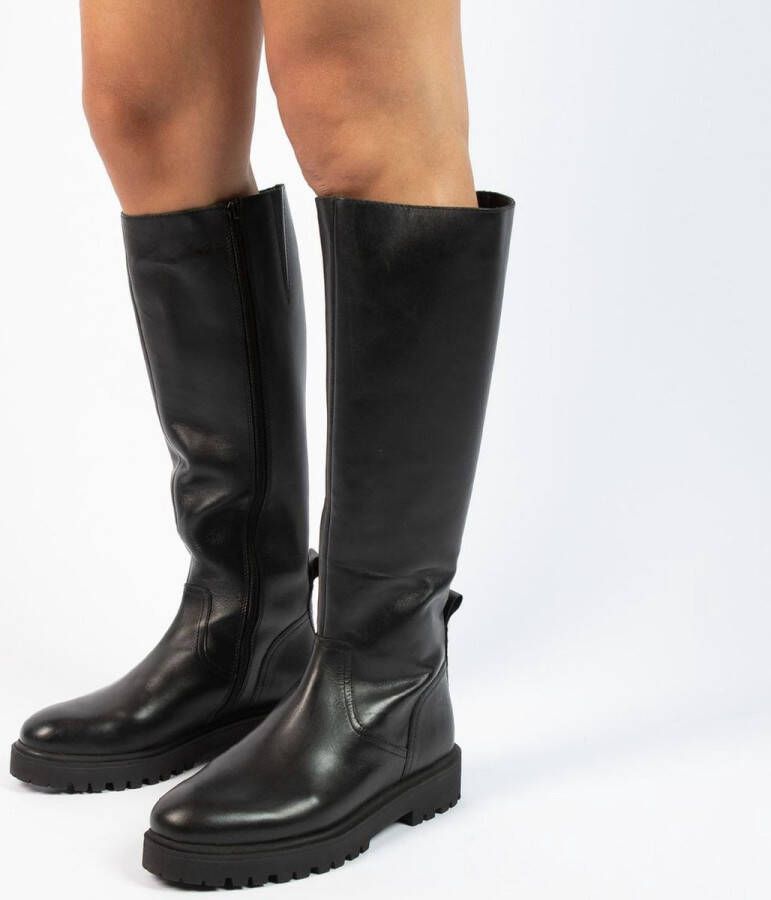 Manfield Dames Zwarte leren hoge laarzen met platte zool
