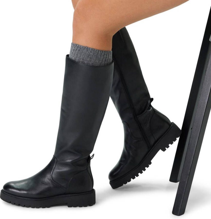 Manfield Dames Zwarte leren hoge laarzen met platte zool