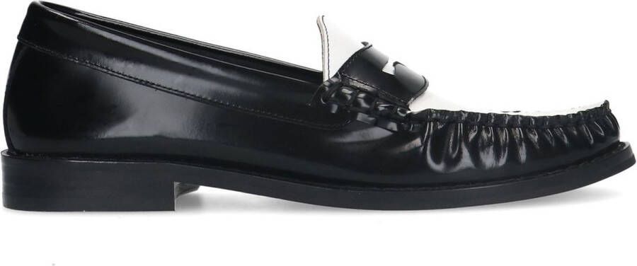Manfield Dames Zwarte leren loafers met wit detail