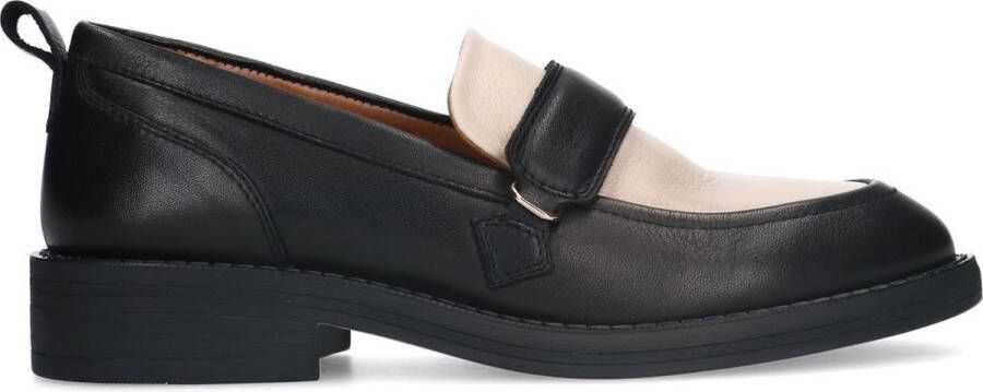 Manfield Dames Zwarte leren loafers met witte details