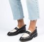 Manfield Dames Zwarte leren loafers met witte details - Thumbnail 4