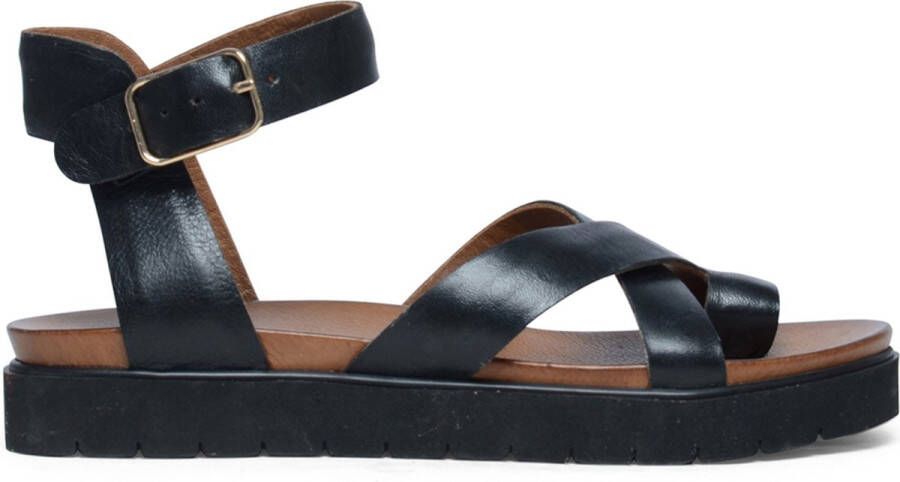Manfield Dames Zwarte leren plateau sandalen met gespsluiting