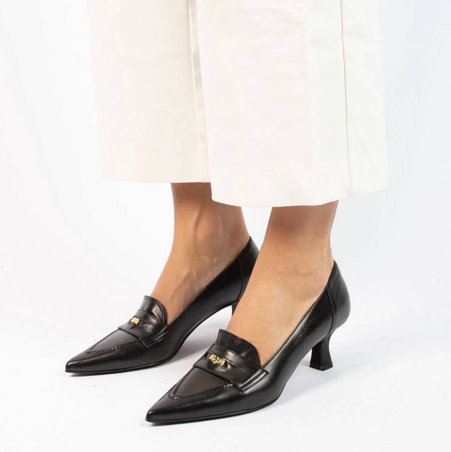 Manfield Dames Zwarte leren pumps met goudkleurig detail