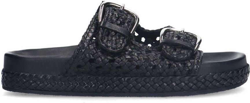 Manfield Dames Zwarte leren slippers