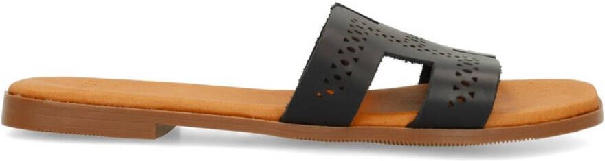 Manfield Dames Zwarte leren slippers