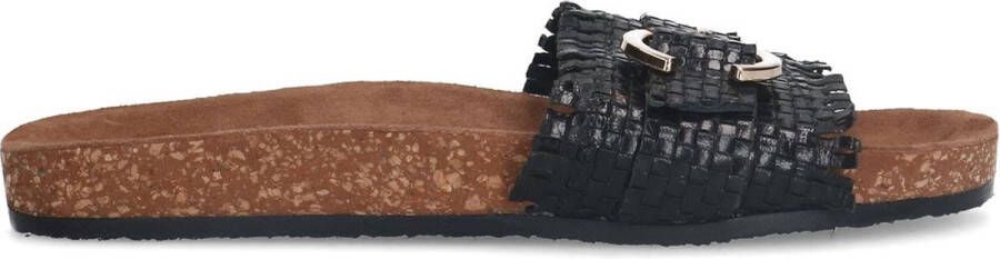 Manfield Dames Zwarte leren slippers met gesp