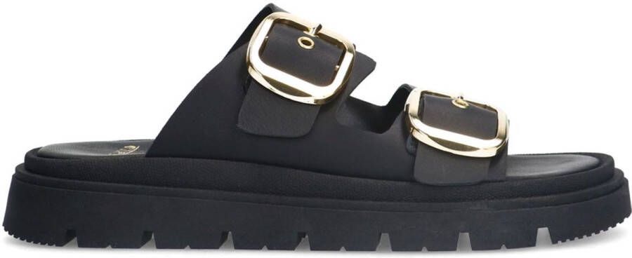 Manfield Dames Zwarte leren slippers met gesp