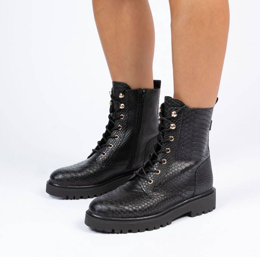 Manfield Dames Zwarte leren veterlaarsjes