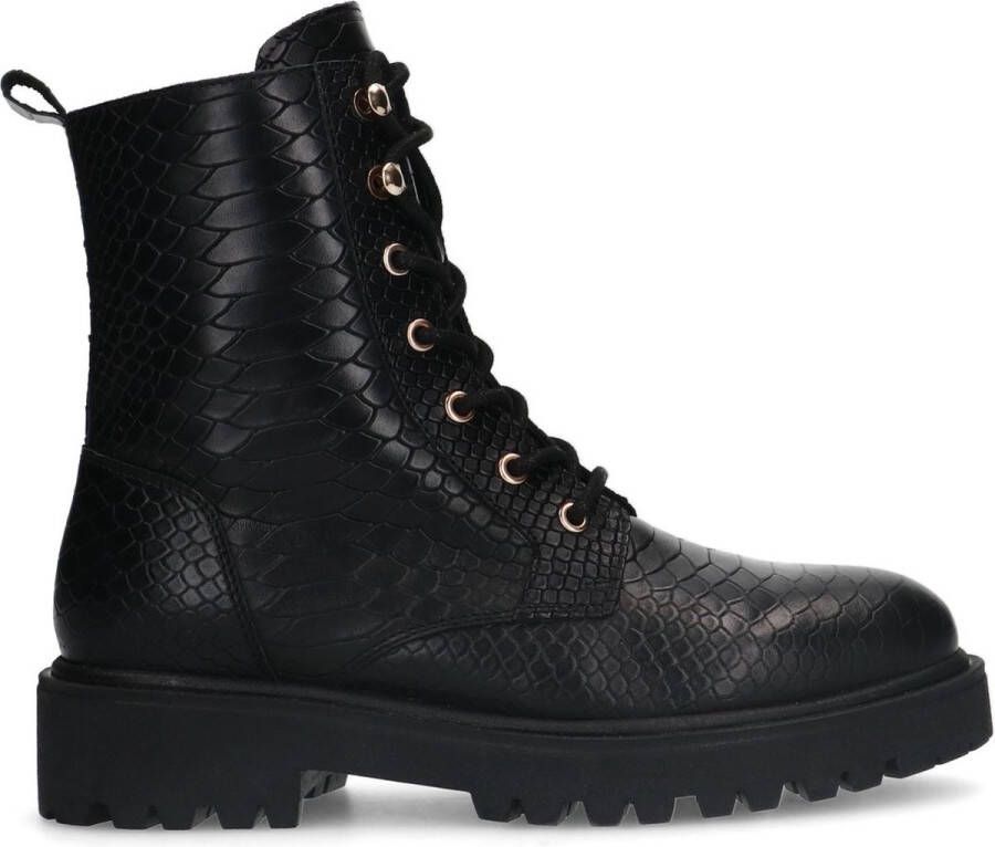 Manfield Dames Zwarte leren veterlaarsjes