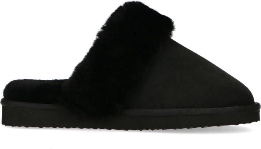 Manfield Dames Zwarte pantoffels met wollen voering