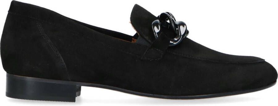 Manfield Dames Zwarte suède loafers met chain