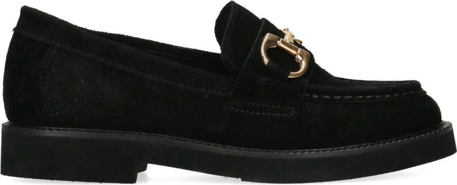 Manfield Dames Zwarte suède loafers met goudkleurig detail - Foto 2