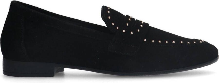 Manfield Dames Zwarte suède loafers met goudkleurige studs