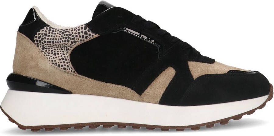 Manfield Dames Zwarte suède sneakers met lakleren details