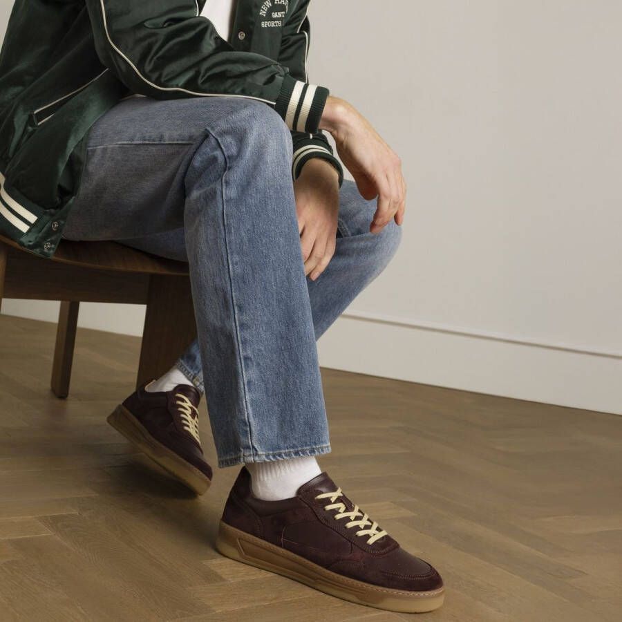 Manfield Heren Burgundy leren sneakers met suède details
