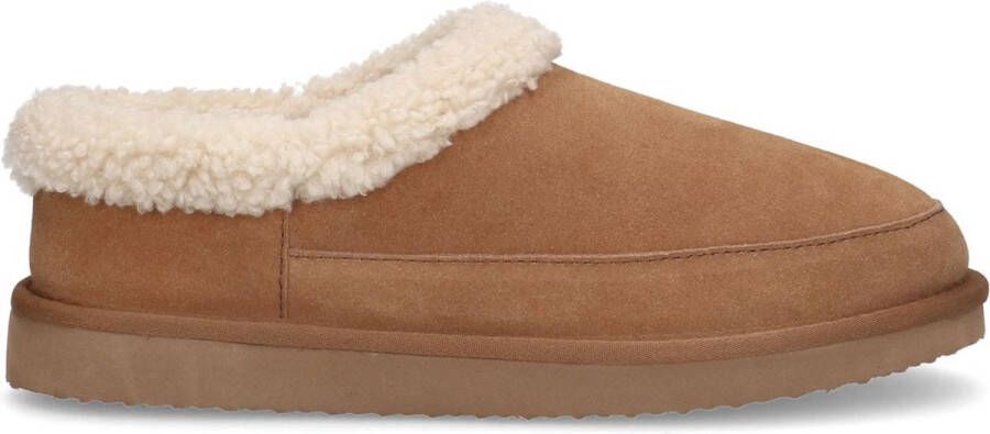 Manfield Heren Cognac suède pantoffels met imitatie wol