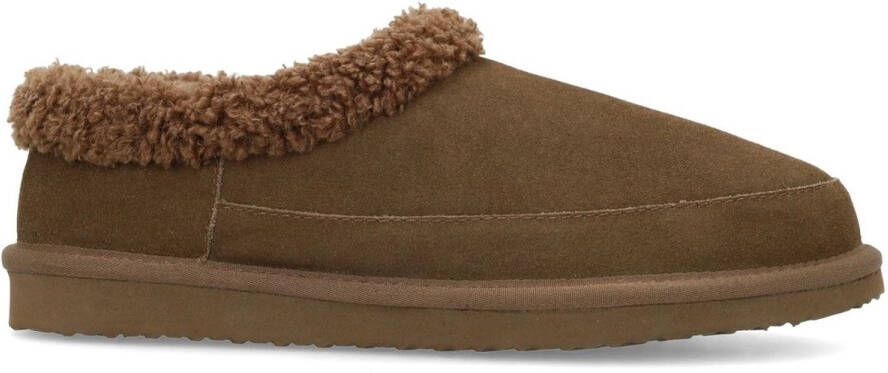 Manfield Heren Donkerbruine suède pantoffels met imitatie wol