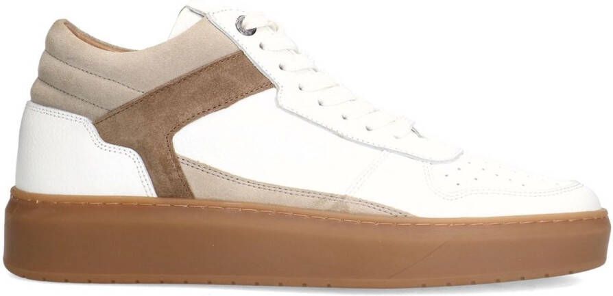 Manfield Heren Witte leren sneakers met bruine suède details