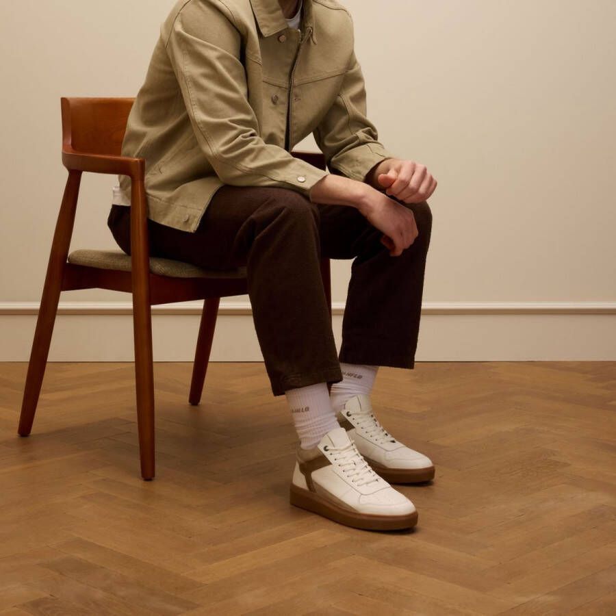 Manfield Heren Witte leren sneakers met bruine suède details - Foto 2