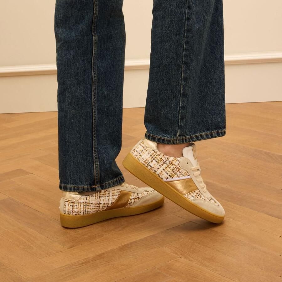 Manfield Dames Beige bouclé sneakers met gouden details - Foto 2