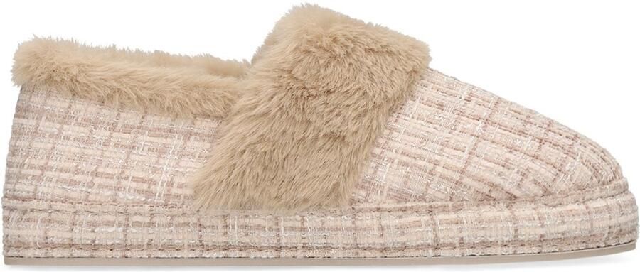 Manfield Dames Beige geruite pantoffels met bont