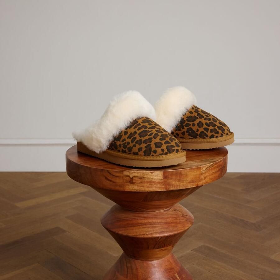 Manfield Dames Beige leopard pantoffels met bontvoering - Foto 4