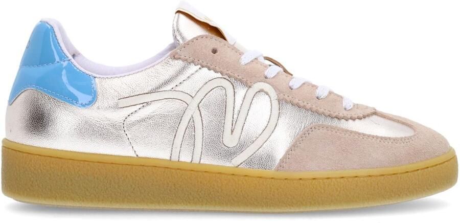 Manfield Dames Beige leren sneakers met goudkleurige & blauwe details