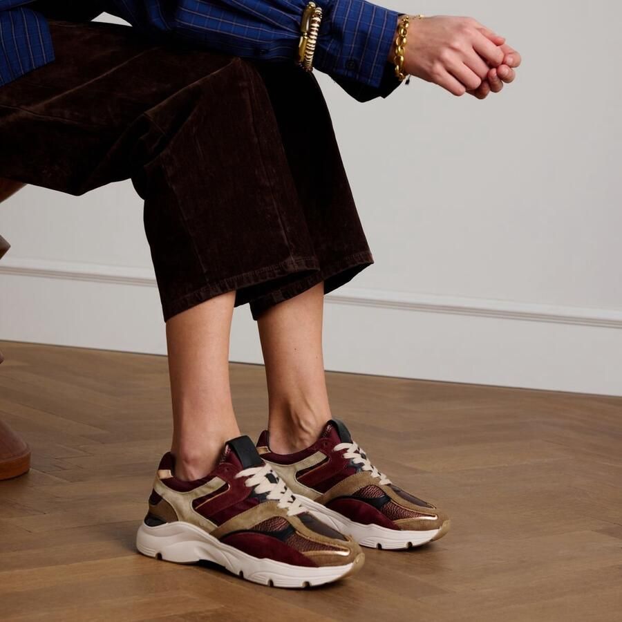 Manfield Dames Beige leren sneakers met multicolor details