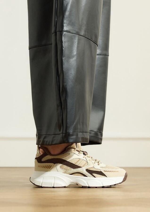 Manfield Dames Beige mesh sneakers met bruine details