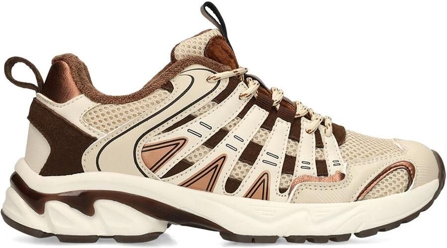 Manfield Dames Beige mesh sneakers met bruine details