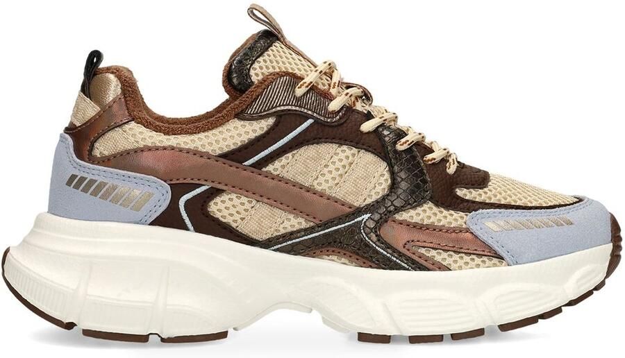 Manfield Dames Beige mesh sneakers met bruine en blauwe details