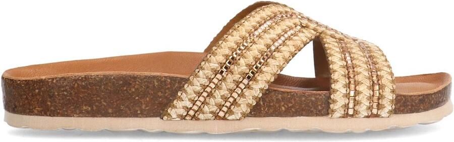Manfield Dames Beige raffia slippers met glittersteentjes