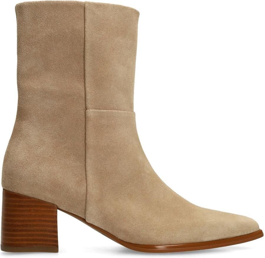 Manfield Dames Beige suède enkellaarsjes met hak