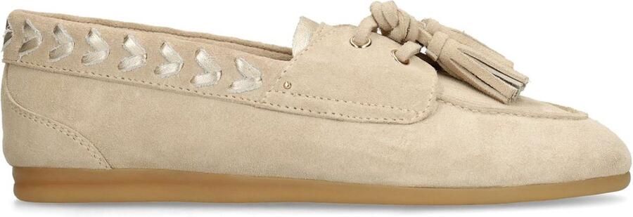 Manfield Dames Beige suède loafers met kwastjes