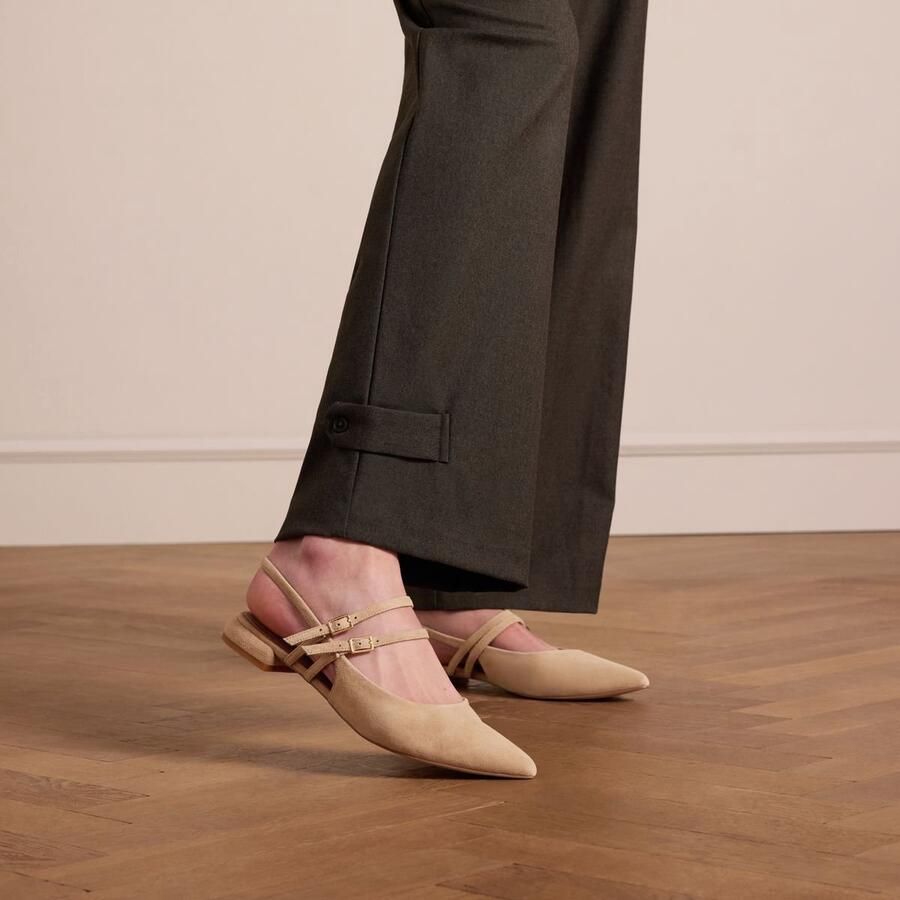 Manfield Dames Beige suède slingbacks met dubbele bandjes