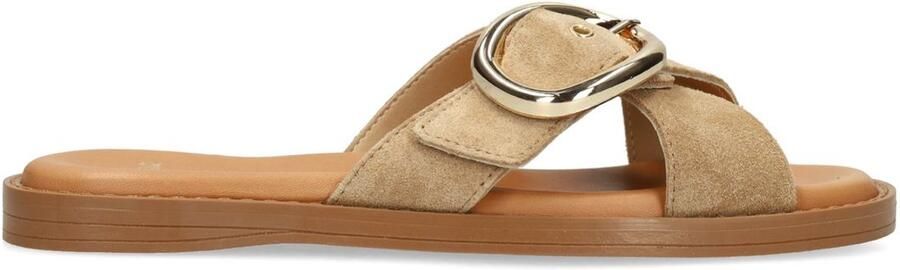 Manfield Dames Beige suède slippers met gouden gesp