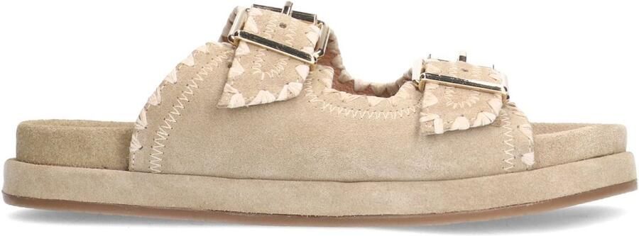 Manfield Dames Beige suède slippers met witte details