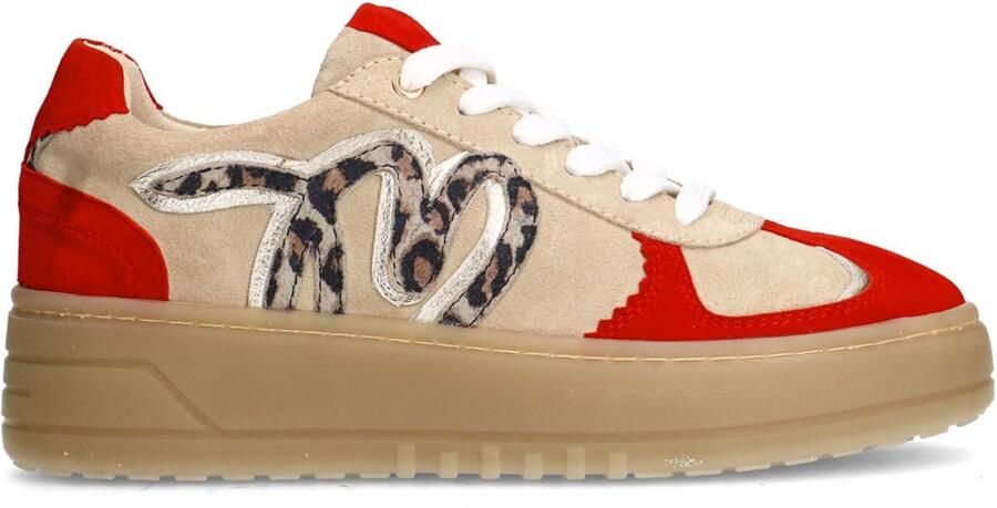 Manfield Dames Beige suède sneakers met rode details