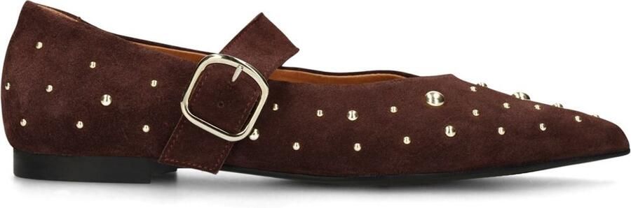 Manfield Dames Bordeaux rode suède loafers met goudkleurige studs
