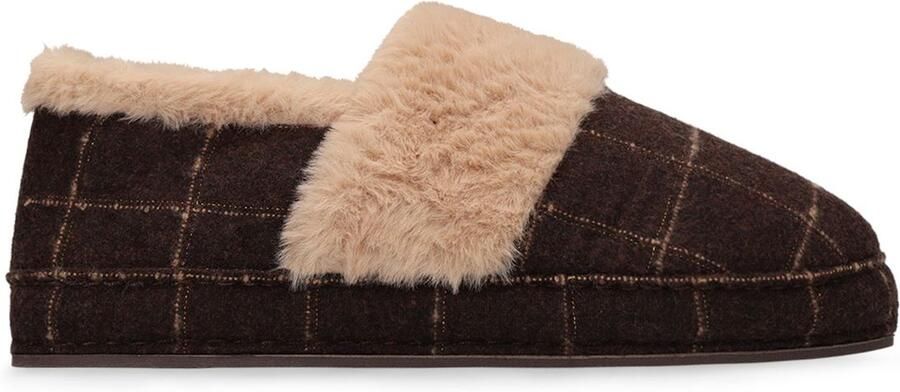 Manfield Dames Bruine geruite pantoffels met bont