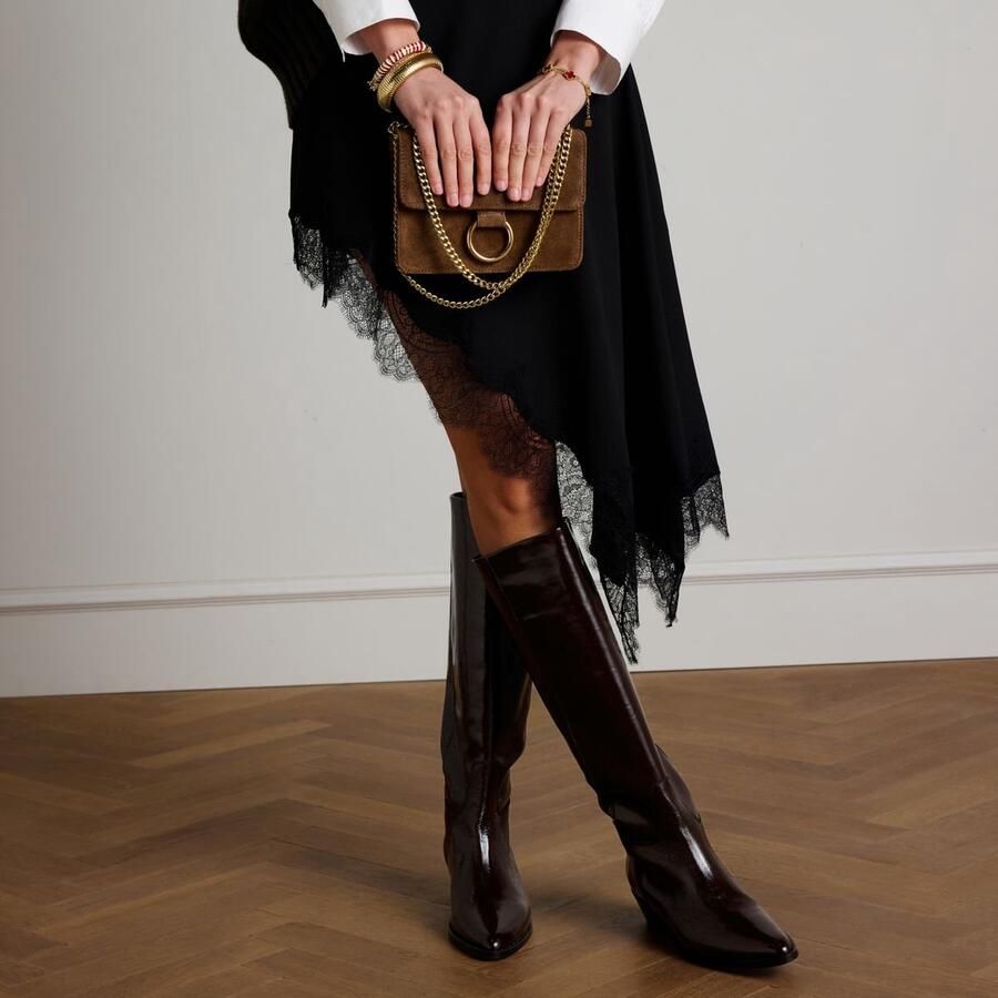 Manfield Dames Bruine lakleren hoge laarzen