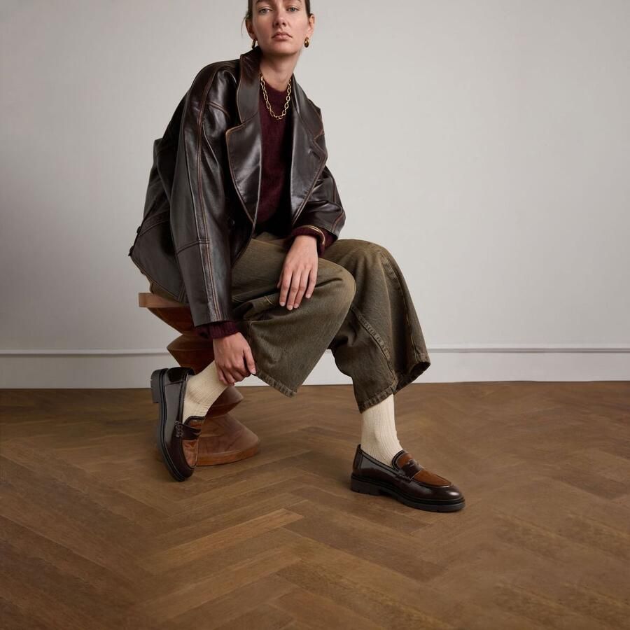 Manfield Dames Bruine lakleren loafers met pony hair - Foto 4